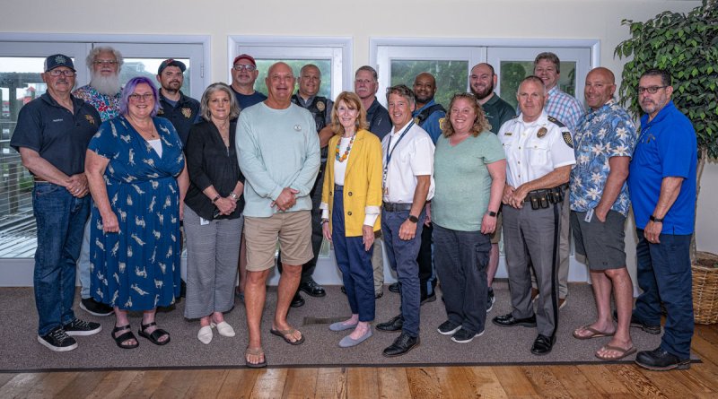 Go Fourth 2025 organizing committee members shown are in back (l-r) Paul Evalds, co-chair; Beau Fibelkorn and Bill Buckaloo, Lewes Fire Department; Jamie Locklear, Lewes Police Department; Glen Marshall, Sussex County EMS; Luther Dashiell, Cape May-Lewes Ferry Police; Sean Cain, Cape Henlopen State Park; and Scott Lockwood, Lewes Yacht Club manager. In front are Bob Murray, Lewes Fire Department; Debra Evalds, co-chair; Janet Reeves, City of Lewes; Russ Palmer, chair; Betsy Reamer, Lewes Chamber of Commerce; Heath Gehrke, Cape May-Lewes Ferry; Guilia Kirsch, City of Lewes; Tom Spell, Lewes Police Department; and Strohm Edwards and Rick Melendez, City of Lewes. SUBMITTED PHOTOS